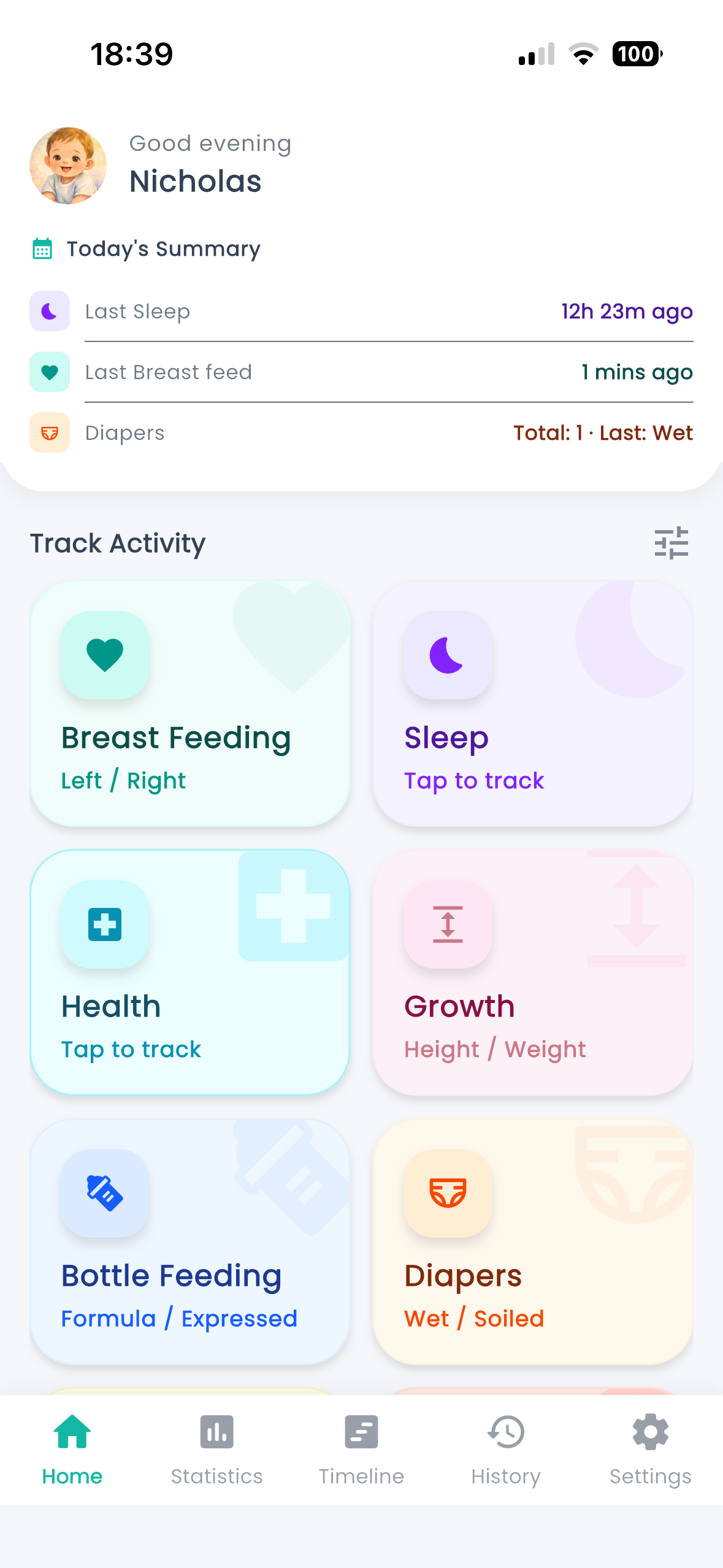 Aiko app home screen showing Good evening greeting, Today's Summary with feeding and diaper stats, and Track Activity tiles for Breast Feeding, Sleep, Diapers, Health, Bottle Feeding, and Notes